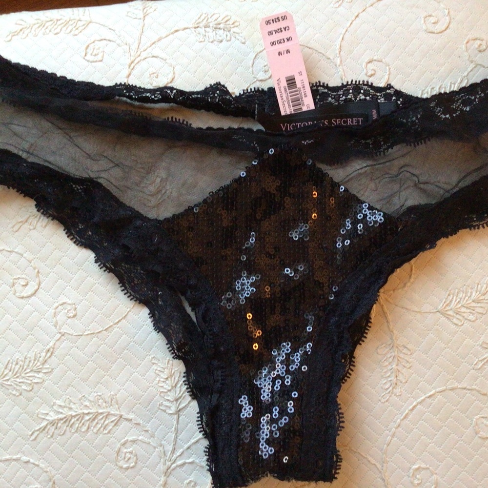 Victoria Secret Sheer Mesh Sequin Front Lace Trim Cheeky Pantie in Blk Sz M NWT - Picture 3 of 4
